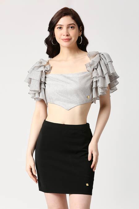 Shop_Emblaze_Silver Shimmer Plain Square Neck Ruffle Sleeve V-hem Crop Top_Online_at_Aza_Fashions