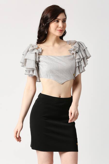 Emblaze_Silver Shimmer Plain Square Neck Ruffle Sleeve V-hem Crop Top_at_Aza_Fashions