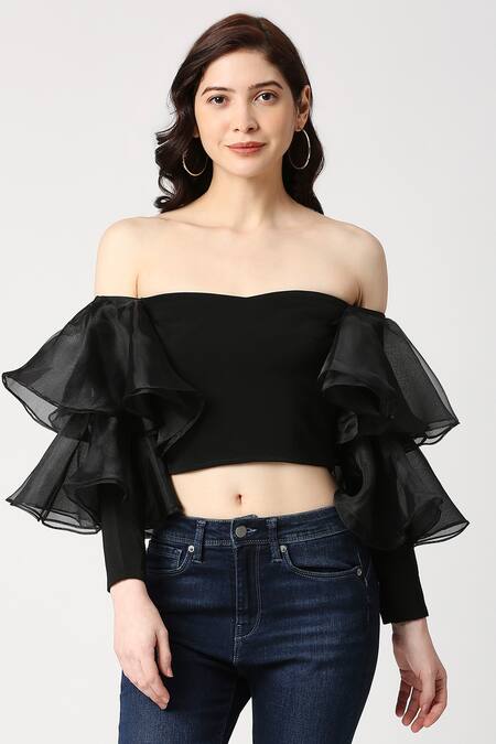 Black Crop Top - Strapless Crop Top - 2 Tiered Ruffle Crop Top