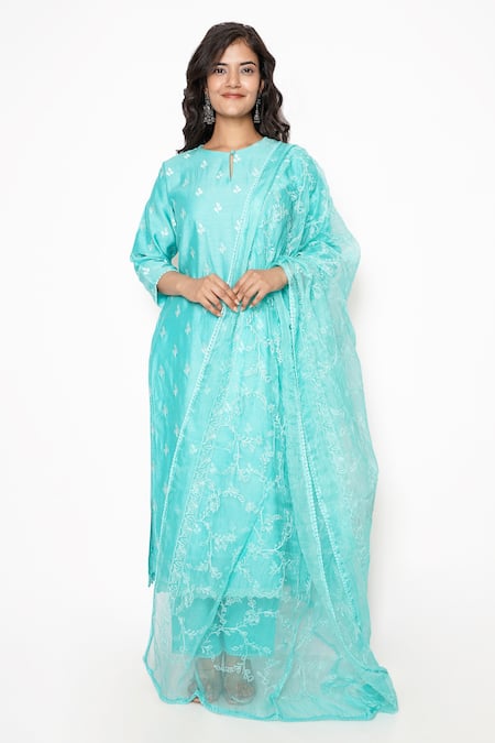 Kameez Blue Chanderi, Cotton, Organza Embroidery, Lace Keyhole Neck Thread Kurta Set 