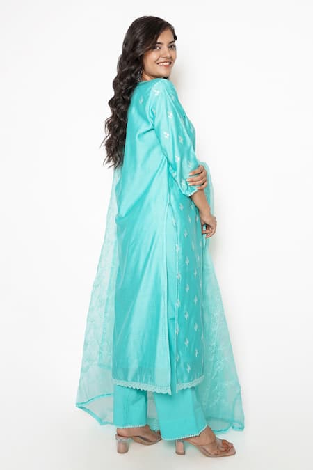 Shop Kameez Blue Chanderi, Cotton, Organza Embroidery, Lace Keyhole Neck Thread Kurta Set at Aza Fashions Shop_Kameez_Blue Chanderi, Cotton, Organza Embroidery, Lace Keyhole Neck Thread Kurta Set _at_Aza_Fashions