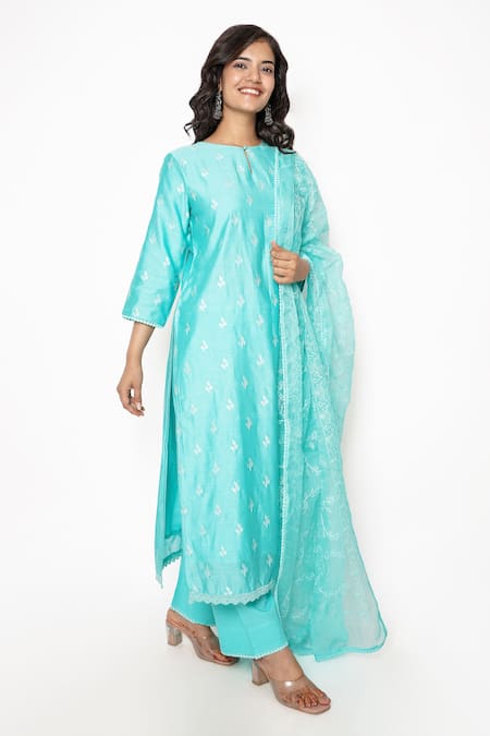 Buy Kameez Blue Chanderi, Cotton, Organza Embroidery, Lace Keyhole Neck Thread Kurta Set Online at Aza Fashions Buy_Kameez_Blue Chanderi, Cotton, Organza Embroidery, Lace Keyhole Neck Thread Kurta Set _Online_at_Aza_Fashions