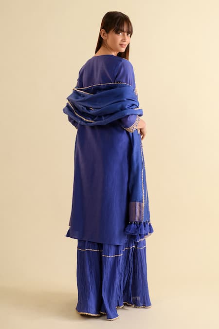 Shop_Kameez_Blue Chanderi, Muslin Embroidery, Gota Patti, Tassels Round Kurta Sharara Set _at_Aza_Fashions