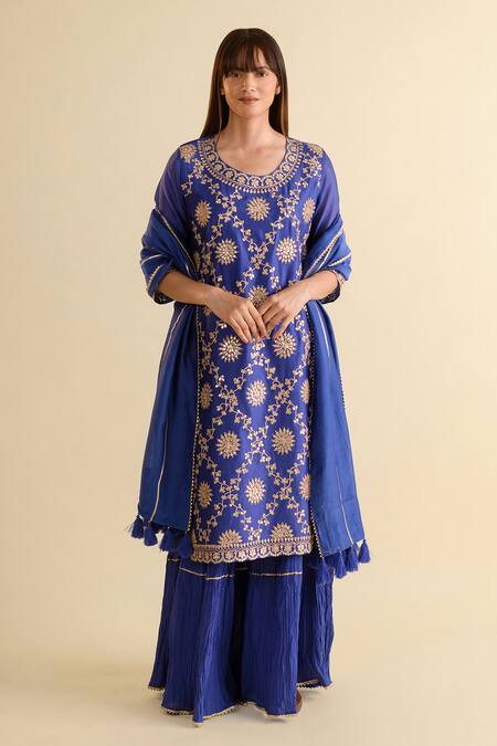 Kameez_Blue Chanderi, Muslin Embroidery, Gota Patti, Tassels Round Kurta Sharara Set _Online_at_Aza_Fashions