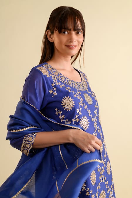 Buy_Kameez_Blue Chanderi, Muslin Embroidery, Gota Patti, Tassels Round Kurta Sharara Set _Online_at_Aza_Fashions