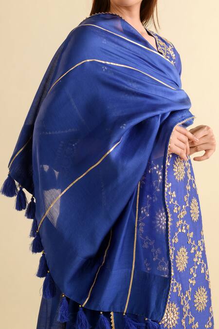 Shop_Kameez_Blue Chanderi, Muslin Embroidery, Gota Patti, Tassels Round Kurta Sharara Set _Online_at_Aza_Fashions