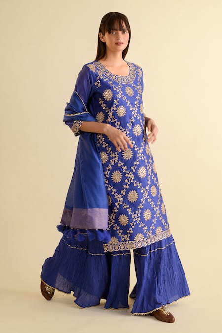 Kameez_Blue Chanderi, Muslin Embroidery, Gota Patti, Tassels Round Kurta Sharara Set _at_Aza_Fashions