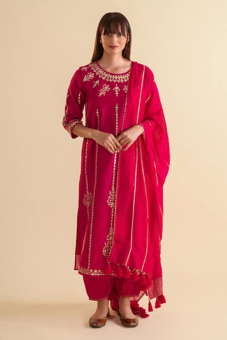 Buy Kameez Magenta Chanderi, Cotton Embroidery, Gota Patti Round Neck Kurta Salwar Set Online at Aza Fashions Buy_Kameez_Magenta Chanderi, Cotton Embroidery, Gota Patti Round Neck Kurta Salwar Set _Online_at_Aza_Fashions