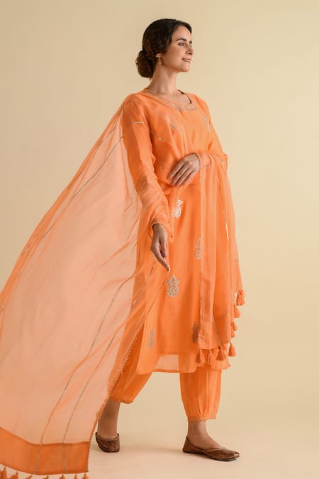 Kameez_Orange Chanderi, Cotton, Kota Doria Patti, Work Kurta Salwar Set _Online_at_Aza_Fashions