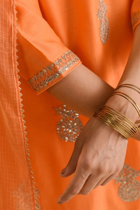 Buy_Kameez_Orange Chanderi, Cotton, Kota Doria Patti, Work Kurta Salwar Set _Online_at_Aza_Fashions