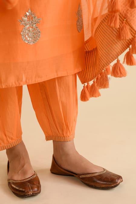 Shop_Kameez_Orange Chanderi, Cotton, Kota Doria Patti, Work Kurta Salwar Set _Online_at_Aza_Fashions