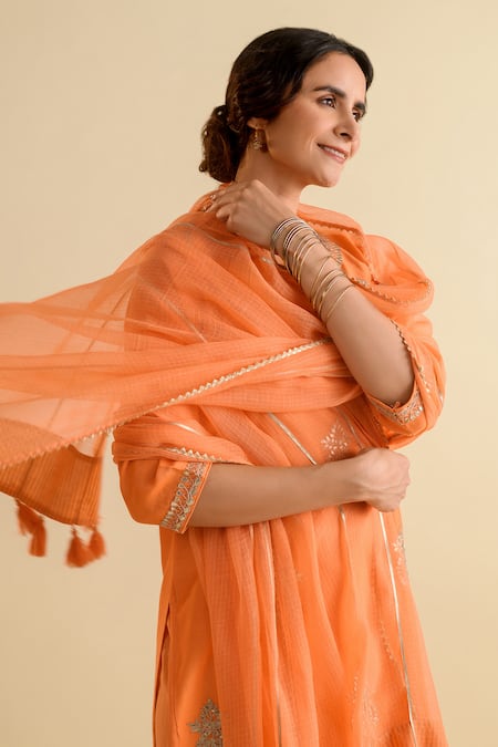 Kameez_Orange Chanderi, Cotton, Kota Doria Patti, Work Kurta Salwar Set _at_Aza_Fashions