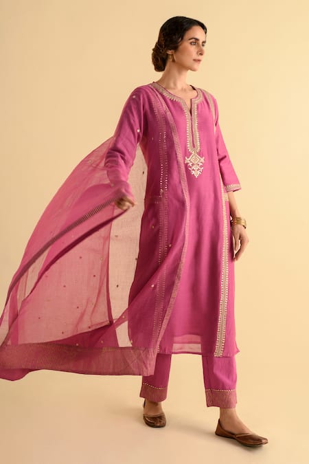 Kameez_Pink Chanderi, Cotton, Kota Doria Patti, Embroidery Split Stripe Kurta Set _Online_at_Aza_Fashions