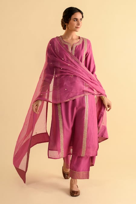 Buy_Kameez_Pink Chanderi, Cotton, Kota Doria Patti, Embroidery Split Stripe Kurta Set _Online_at_Aza_Fashions