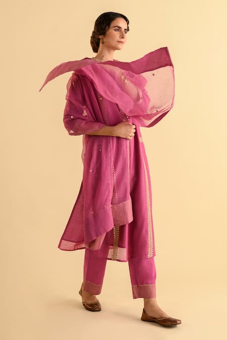 Kameez_Pink Chanderi, Cotton, Kota Doria Patti, Embroidery Split Stripe Kurta Set _at_Aza_Fashions