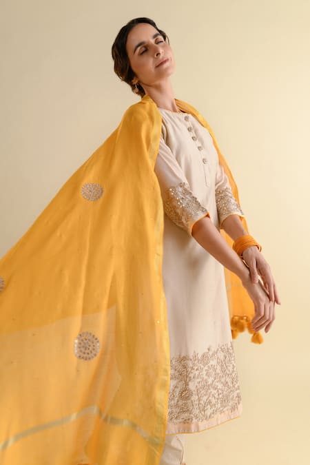 Shop Kameez Ivory Chanderi, Cotton Embroidery, Gota Patti, Mirrors Round Border Kurta Set Online at Aza Fashions Shop_Kameez_Ivory Chanderi, Cotton Embroidery, Gota Patti, Mirrors Round Border Kurta Set _Online_at_Aza_Fashions