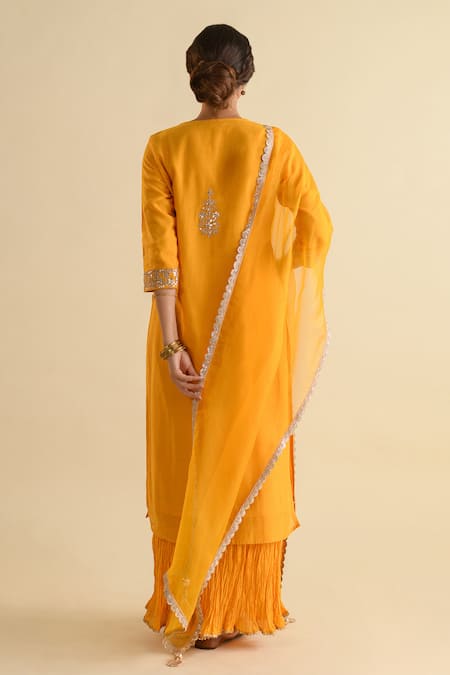 Shop Kameez Yellow Chanderi, Organza, Muslin Gota Patti, Embroidery Round Kurta Palazzo Set at Aza Fashions Shop_Kameez_Yellow Chanderi, Organza, Muslin Gota Patti, Embroidery Round Kurta Palazzo Set _at_Aza_Fashions