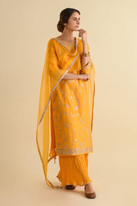 Kameez Yellow Chanderi, Organza, Muslin Gota Patti, Embroidery Round Kurta Palazzo Set Online at Aza Fashions Kameez_Yellow Chanderi, Organza, Muslin Gota Patti, Embroidery Round Kurta Palazzo Set _Online_at_Aza_Fashions