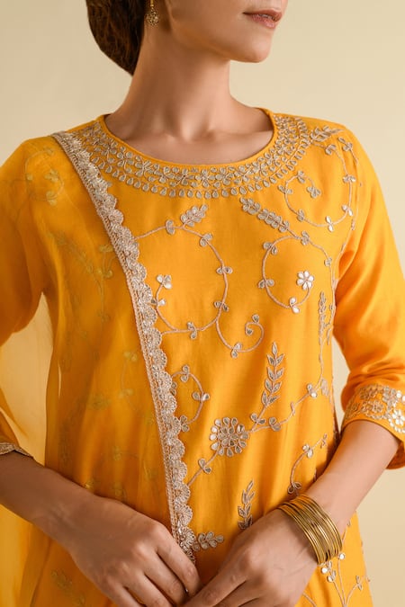 Shop Kameez Yellow Chanderi, Organza, Muslin Gota Patti, Embroidery Round Kurta Palazzo Set Online at Aza Fashions Shop_Kameez_Yellow Chanderi, Organza, Muslin Gota Patti, Embroidery Round Kurta Palazzo Set _Online_at_Aza_Fashions