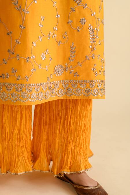 Kameez Yellow Chanderi, Organza, Muslin Gota Patti, Embroidery Round Kurta Palazzo Set at Aza Fashions Kameez_Yellow Chanderi, Organza, Muslin Gota Patti, Embroidery Round Kurta Palazzo Set _at_Aza_Fashions