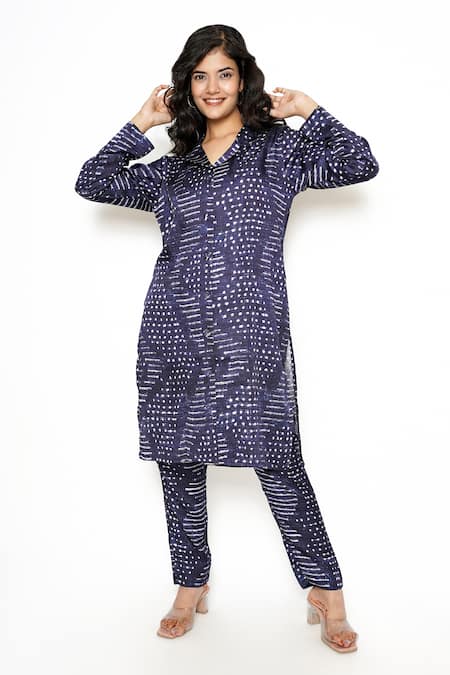 Kameez_Blue Modal Collared Abstract Print Coat And Pant Set _at_Aza_Fashions