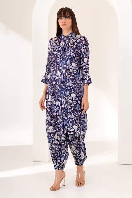 Buy_Kameez_Blue Modal, Satin Embroidery Mandarin Collar Bloom Print Kurta And Salwar Set _Online_at_Aza_Fashions