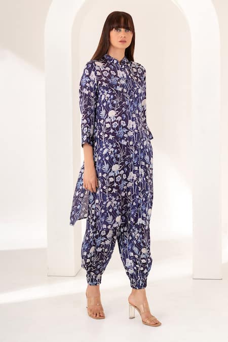 Shop_Kameez_Blue Modal, Satin Embroidery Mandarin Collar Bloom Print Kurta And Salwar Set _Online_at_Aza_Fashions