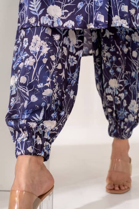 Kameez_Blue Modal, Satin Embroidery Mandarin Collar Bloom Print Kurta And Salwar Set _at_Aza_Fashions