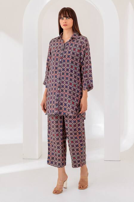 Kameez Multi Color Silk Collared Printed Kurta And Pant Set Online at Aza Fashions Kameez_Multi Color Silk Collared Printed Kurta And Pant Set _Online_at_Aza_Fashions