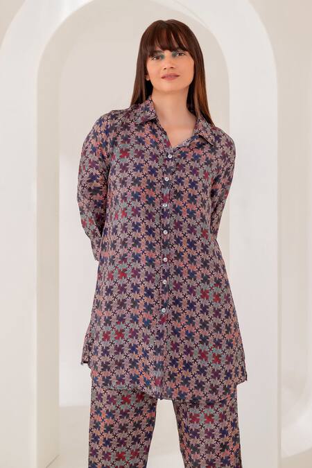 Buy Kameez Multi Color Silk Collared Printed Kurta And Pant Set Online at Aza Fashions Buy_Kameez_Multi Color Silk Collared Printed Kurta And Pant Set _Online_at_Aza_Fashions