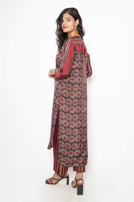 Buy_Kameez_Brown Silk Embroidery Boat Neck Floral Print Kurta And Pant Set _Online_at_Aza_Fashions