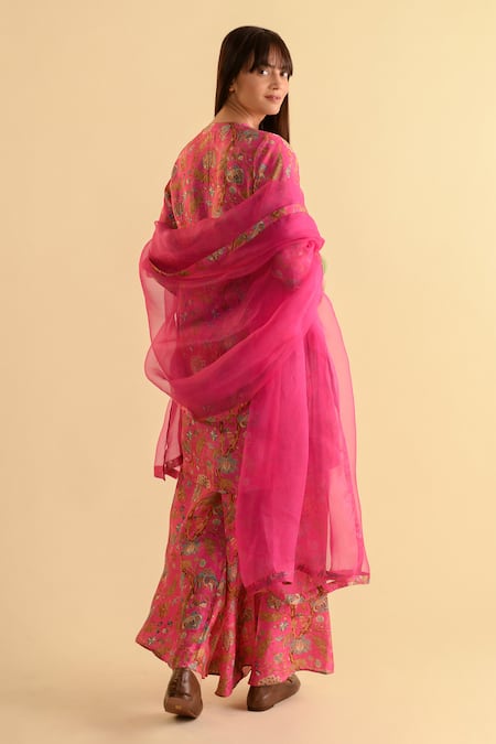 Shop Kameez Pink Silk, Organza Embroidery Round Neck Flower Print And Kurta Set at Aza Fashions Shop_Kameez_Pink Silk, Organza Embroidery Round Neck Flower Print And Kurta Set _at_Aza_Fashions