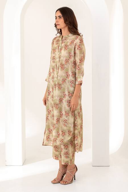 Kameez_Beige Silk Embroidery Mandarin Collar Floral Print High Low Kurta And Pant Set_Online_at_Aza_Fashions