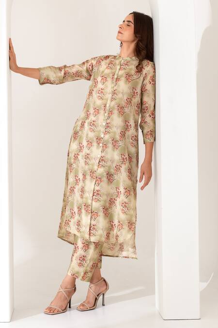 Buy_Kameez_Beige Silk Embroidery Mandarin Collar Floral Print High Low Kurta And Pant Set_Online_at_Aza_Fashions