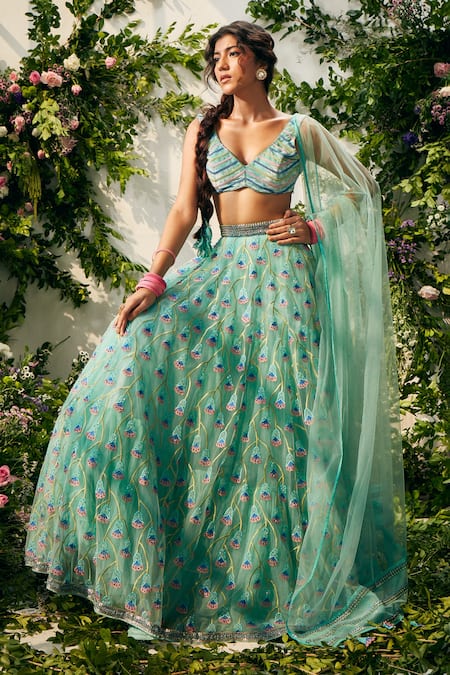 Green and Blue Embroidered Semi stitched Lehenga and Unstitched Blouse With  Dupatta - ShopGarb - 3762861