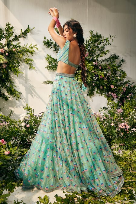 Shop Tuhina Srivastava Blue Organza, , Tulle, Satin Embroidery, Beads Resham Lehenga Set at Aza Fashions Shop_Tuhina Srivastava_Blue Organza, , Tulle, Satin Embroidery, Beads Resham Lehenga Set _at_Aza_Fashions