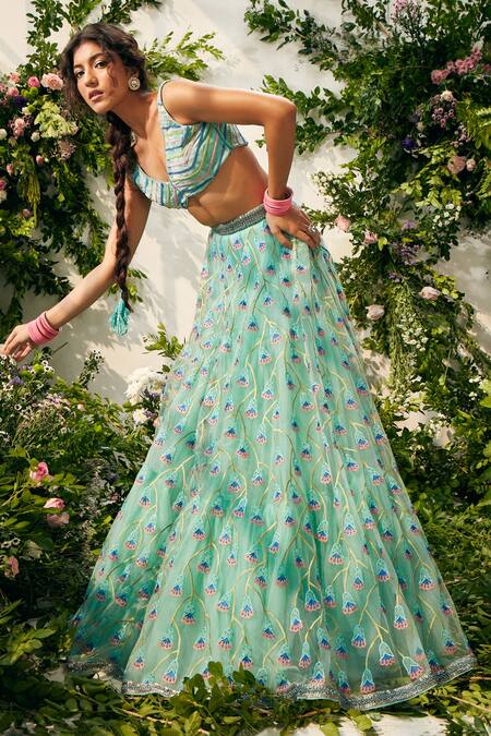 Tuhina Srivastava Blue Organza, , Tulle, Satin Embroidery, Beads Resham Lehenga Set Online at Aza Fashions Tuhina Srivastava_Blue Organza, , Tulle, Satin Embroidery, Beads Resham Lehenga Set _Online_at_Aza_Fashions