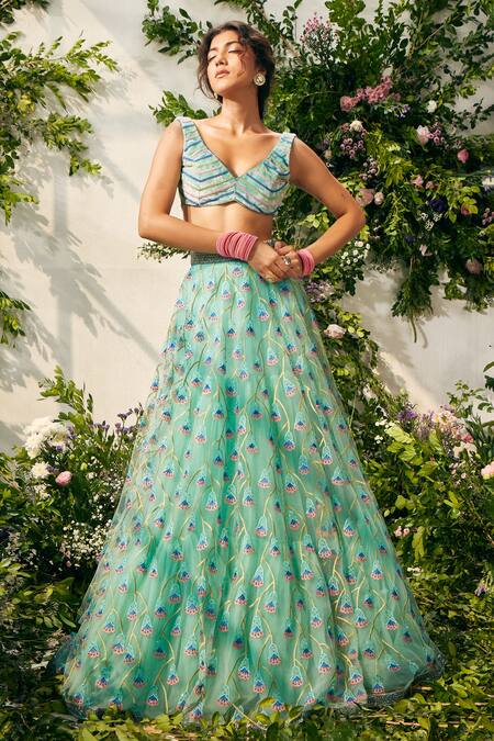 Shop Tuhina Srivastava Blue Organza, , Tulle, Satin Embroidery, Beads Resham Lehenga Set Online at Aza Fashions Shop_Tuhina Srivastava_Blue Organza, , Tulle, Satin Embroidery, Beads Resham Lehenga Set _Online_at_Aza_Fashions