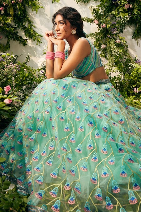 Shop Tuhina Srivastava Blue Organza, , Tulle, Satin Embroidery, Beads Resham Lehenga Set Shop_Tuhina Srivastava_Blue Organza, , Tulle, Satin Embroidery, Beads Resham Lehenga Set