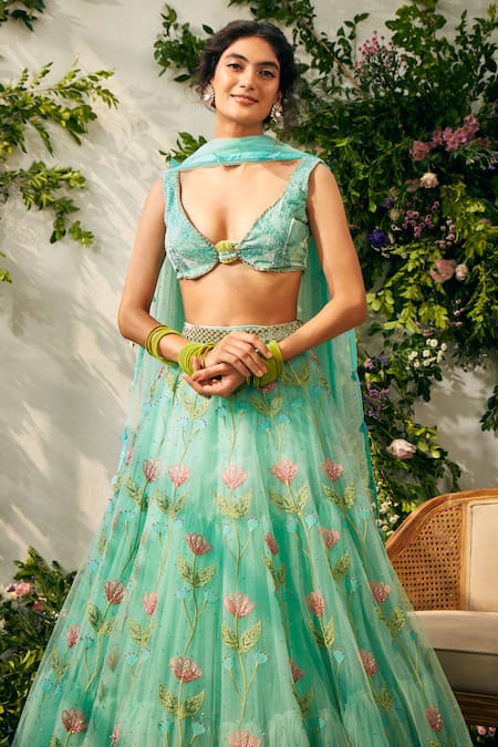 Buy Tuhina Srivastava Blue , Velvet, Tulle, Organza, Satin Lehenga Blouse Set Buy_Tuhina Srivastava_Blue , Velvet, Tulle, Organza, Satin Lehenga Blouse Set