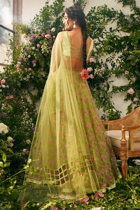 Shop Tuhina Srivastava Green Organza, Tulle, Ramie, Beads, Floral Resham Lehenga Set at Aza Fashions Shop_Tuhina Srivastava_Green Organza, Tulle, Ramie, Beads, Floral Resham Lehenga Set _at_Aza_Fashions