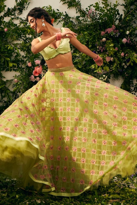 Tuhina Srivastava Green Organza, Tulle, Ramie, Beads, Floral Resham Lehenga Set Online at Aza Fashions Tuhina Srivastava_Green Organza, Tulle, Ramie, Beads, Floral Resham Lehenga Set _Online_at_Aza_Fashions