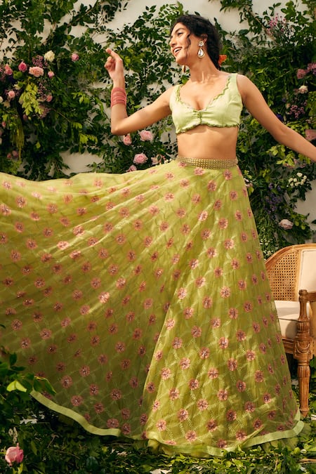 Buy Tuhina Srivastava Green Organza, Tulle, Ramie, Beads, Floral Resham Lehenga Set Online at Aza Fashions Buy_Tuhina Srivastava_Green Organza, Tulle, Ramie, Beads, Floral Resham Lehenga Set _Online_at_Aza_Fashions