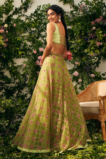 Shop Tuhina Srivastava Green Organza, Tulle, Ramie, Beads, Floral Resham Lehenga Set Online at Aza Fashions Shop_Tuhina Srivastava_Green Organza, Tulle, Ramie, Beads, Floral Resham Lehenga Set _Online_at_Aza_Fashions