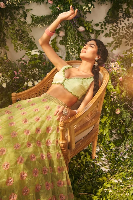 Tuhina Srivastava Green Organza, Tulle, Ramie, Beads, Floral Resham Lehenga Set at Aza Fashions Tuhina Srivastava_Green Organza, Tulle, Ramie, Beads, Floral Resham Lehenga Set _at_Aza_Fashions