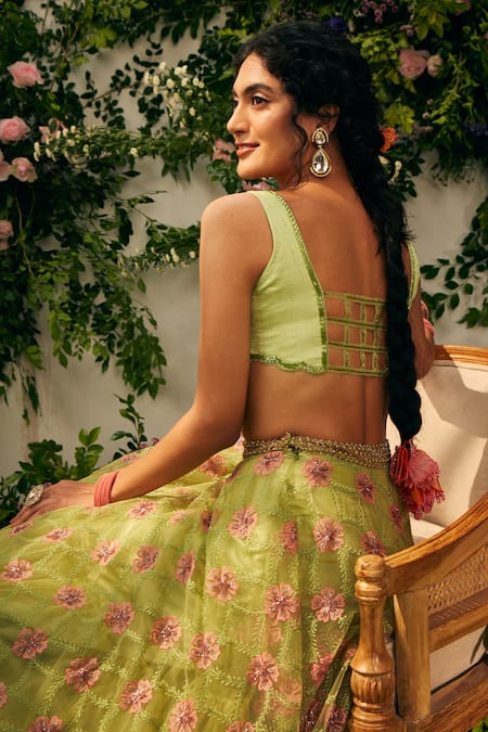 Buy Tuhina Srivastava Green Organza, Tulle, Ramie, Beads, Floral Resham Lehenga Set Buy_Tuhina Srivastava_Green Organza, Tulle, Ramie, Beads, Floral Resham Lehenga Set