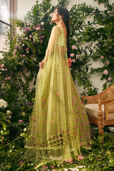 Shop Tuhina Srivastava Green Organza, Tulle, Ramie, Beads, Floral Resham Lehenga Set Shop_Tuhina Srivastava_Green Organza, Tulle, Ramie, Beads, Floral Resham Lehenga Set