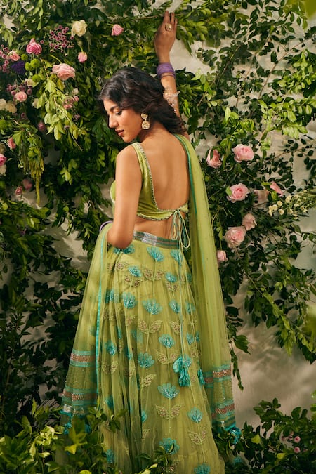 Shop Tuhina Srivastava Green , Organza, Tulle, Satin Resham Flower Lehenga Set at Aza Fashions Shop_Tuhina Srivastava_Green , Organza, Tulle, Satin Resham Flower Lehenga Set _at_Aza_Fashions