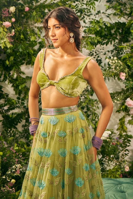Buy Tuhina Srivastava Green , Organza, Tulle, Satin Resham Flower Lehenga Set Online at Aza Fashions Buy_Tuhina Srivastava_Green , Organza, Tulle, Satin Resham Flower Lehenga Set _Online_at_Aza_Fashions