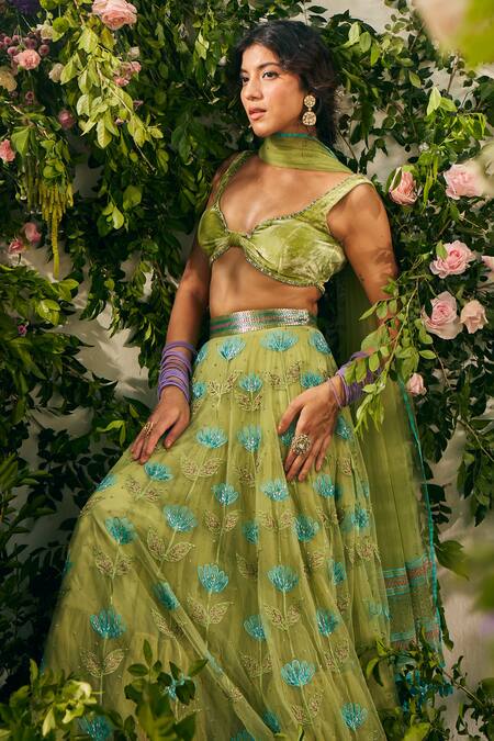 Shop Tuhina Srivastava Green , Organza, Tulle, Satin Resham Flower Lehenga Set Online at Aza Fashions Shop_Tuhina Srivastava_Green , Organza, Tulle, Satin Resham Flower Lehenga Set _Online_at_Aza_Fashions